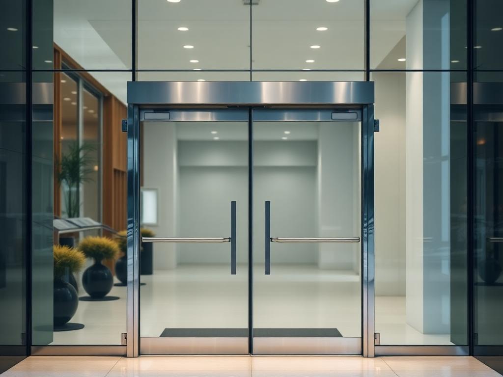 Porta de vidro temperado com mola hidráulica em ambiente comercial
